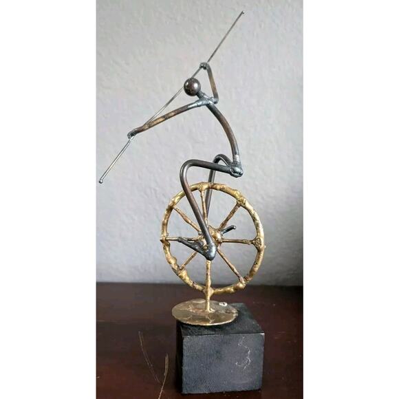 Brutalist Sculpture Unicycle Man Brass Welded Metal High Wire Mcm Art 14” Vtg
